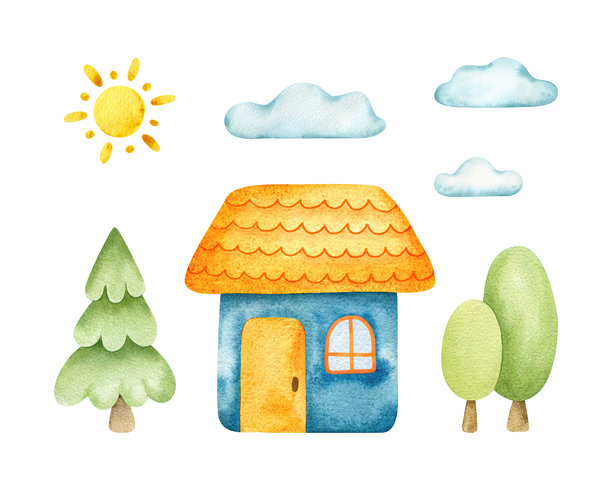 儿童风格房屋、太阳、树木、松树和云朵的剪贴画。手绘水彩插画集。城市景观元素套装，适用于海报、儿童用品、纺织品、相册、文具、包装。图片下载