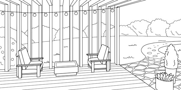 露台花园黑白素描插画矢量图图片下载