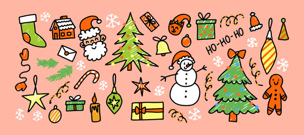 圣诞涂鸦插画，粉色背景上有圣诞老人、雪人和节日装饰图片下载
