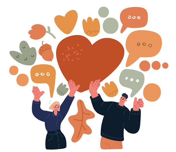 一对男女手捧着一颗大心，象征着爱与团结的矢量插画图片下载