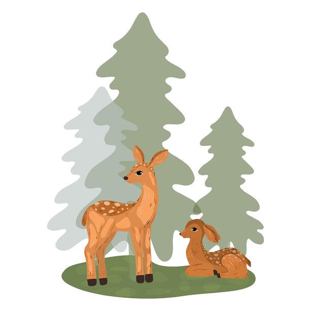 矢量插画：一只鹿在草地上站立和躺卧。森林动物场景。动物插画。图片下载