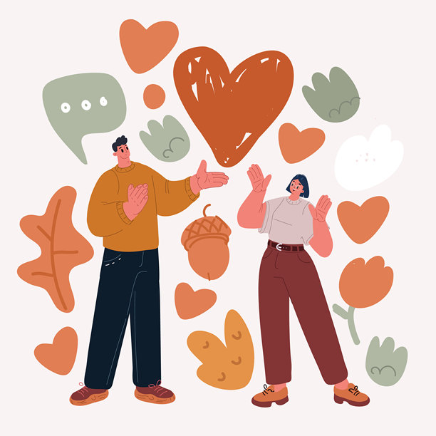 一对男女手捧一颗大心，男方将心递给女方，象征着爱与连接的矢量插画图片下载