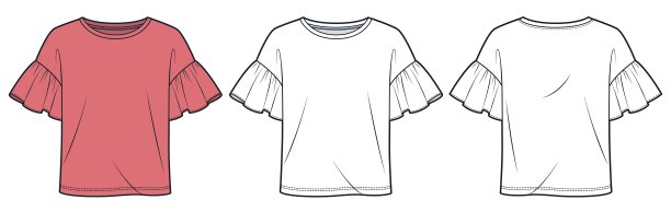 荷叶边袖T恤技术时尚插画。女士上衣时尚平铺技术图纸模板，圆领，宽松版型，正面和背面视图，白色，柔和粉色，女士CAD模型。图片下载