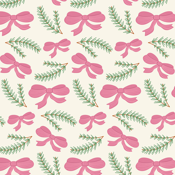 圣诞节无缝图案，饰有粉色蝴蝶结和松枝。适用于包装纸、织物和贺卡的冬季节日概念。图片下载