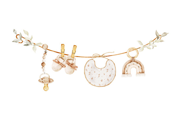 水彩风格的婴儿奶嘴、鞋子、围兜和牙胶孤立图，挂在晾衣绳上。手绘的新生儿用品插画，非常适合婴儿派对、婴儿房印刷品和儿童品牌设计。图片下载