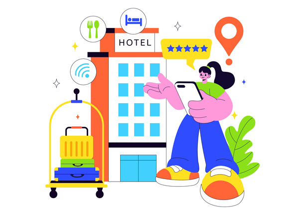 酒店评价矢量插画，以扁平风格卡通背景为特色，展示评分服务、用户满意度和客户体验图片下载