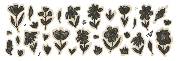 手工制作的花朵纸质贴纸，带有黑笔纹理。松果菊、雏菊剪贴画套装。纸质拼贴儿童洋甘菊、叶子和风铃花。剪贴簿风格的朴素贴纸花卉造型。朴素的DIY涂鸦。图片下载