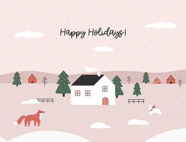 快乐节日贺卡。舒适的冬季景观，有可爱的白色小屋、狐狸和兔子。横向圣诞场景插画。图片下载