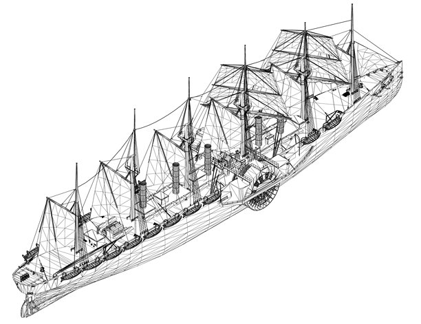 白色背景上，一艘细节丰富的帆船模型，拥有精密的桅杆、帆和船体。逼真的3D渲染呈现了一艘外观写实的客船。图片下载