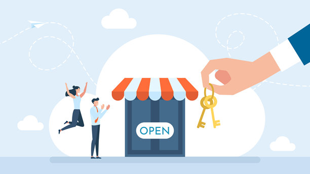 商人将钥匙交给企业。一只手拿着小企业店铺的钥匙，店铺门面挂着“营业中”的招牌。创业和新零售所有权概念。扁平插画图片下载