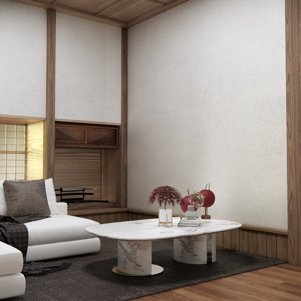 侘寂风格客厅，配有扶手椅、沙发和桌子装饰。三维插画渲染图片下载