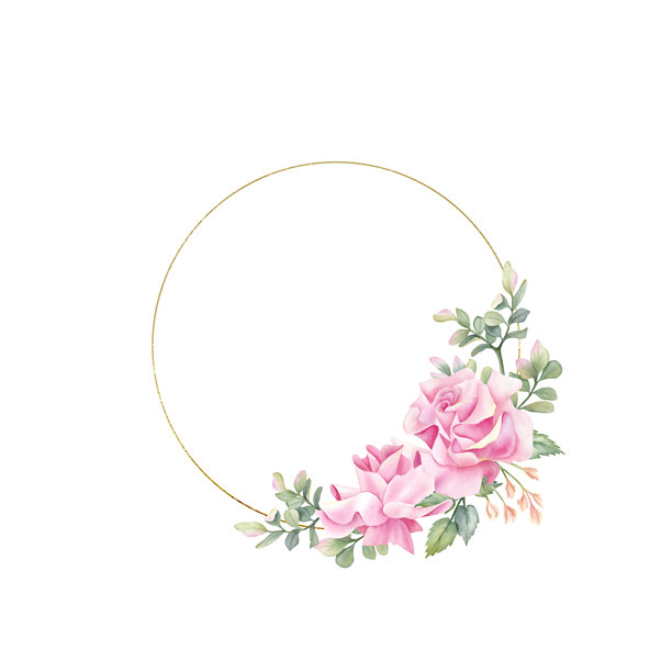 圆形金色边框粉色玫瑰。水彩花卉，春季花环，圆形模板。优雅植物边框带叶子。隔离插画背景，用于婚礼请柬、贺卡图片下载