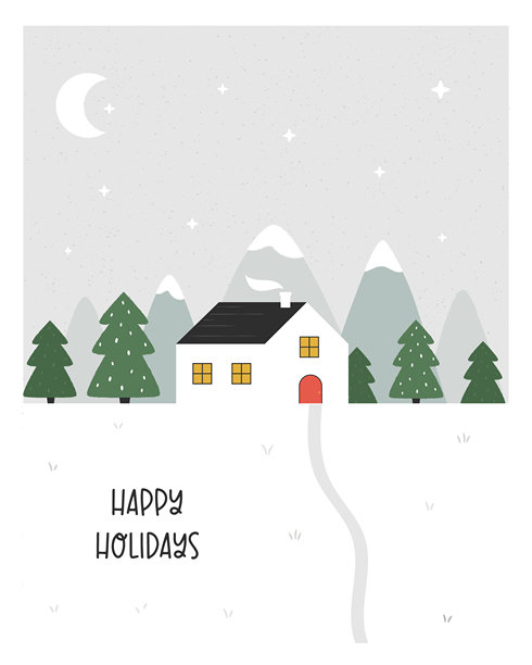 简约北欧风格的雪林冬日房屋，背景有山峦与树木。圣诞贺卡，插画。图片下载