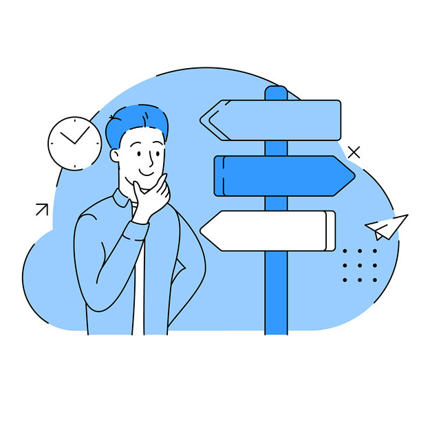 一个商人站在路标前，路标上有许多指向不同方向的箭头。男人在沉思人生选择和道路。网页配色。矢量插画图片下载