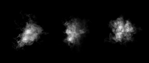 白色烟雾或薄雾云，孤立在黑色背景上，逼真的雾纹理效果，适用于照片编辑、设计叠加或万圣节主题。非常适合蒸汽、烟气或鬼魅氛围视觉。图片下载