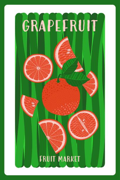 带有文字空间的柑橘类水果海报。新鲜的完整和切片葡萄柚，带有绿叶，采用简约的扁平风格。非常适合印刷和网页设计、广告、包装和品牌推广。图片下载