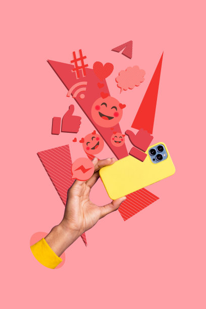 手持手机设备进行涂鸦式当代照片拼贴，点击屏幕上的心形图标，收到博客通知，表达慈善反应。图片下载