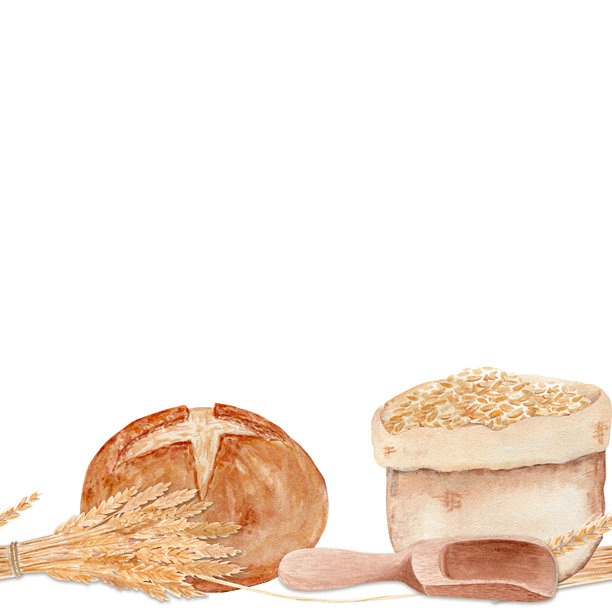 乡村面包、麦子、麻布袋、木勺。手绘水彩无缝边框，背景为白色。图片下载