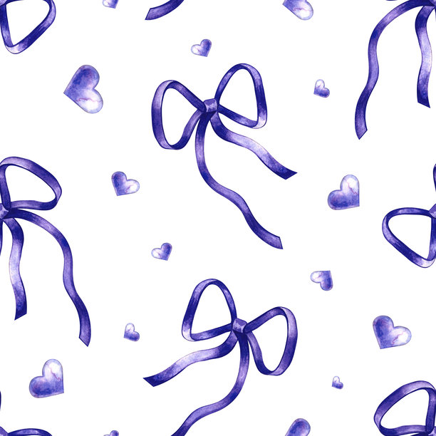 一套可爱的紫色蝴蝶结和爱心的无缝图案。手绘水彩插画。适用于贺卡和请柬的设计元素。适合装饰、纺织品和包装纸。图片下载