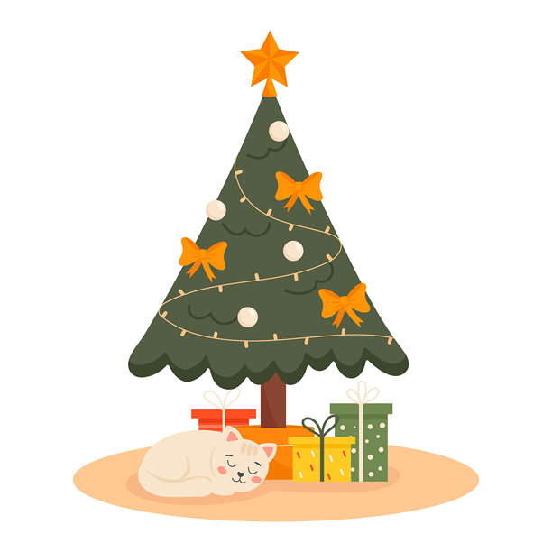 可爱的圣诞树，带有礼物和熟睡的猫咪剪贴画。节日插画，孤立在白色背景上。图片下载