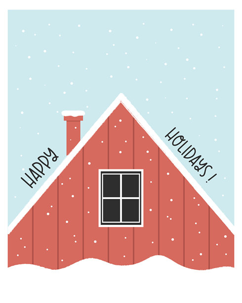 新年快乐贺卡。可爱的极简红色小屋屋顶带烟囱和雪天。简单的冬季圣诞插画图片下载