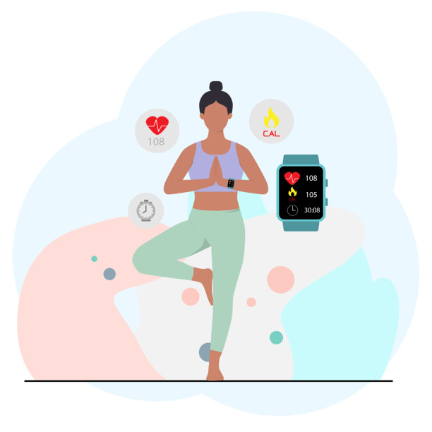矢量扁平风女性练习树式瑜伽，智能手表追踪心率、卡路里和时间。现代扁平插画风格，适用于健康、健身、瑜伽应用及可穿戴科技。图片下载