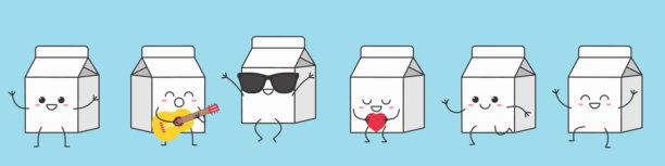 饮料盒，可爱卡通人物打招呼、跳跃、爱心、奔跑、歌唱、微笑、卖萌、快乐、喜悦、幸福情绪图标矢量插画。图片下载