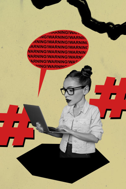 草图设计趋势艺术作品海报，反馈笔记、对话气泡、警告、关注的年轻女程序员在笔记本电脑上工作的3D照片拼贴图片下载