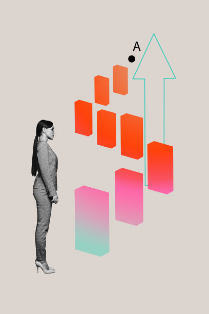 独家图片：潮流艺术拼贴，一位快乐的女商人，展现着代表进步、统计数据、职业晋升、管理和成功的箭头。图片下载