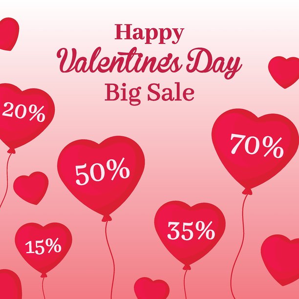 情人节促销卡片，带有折扣心形、红气球和充满活力的扁平插画图片下载