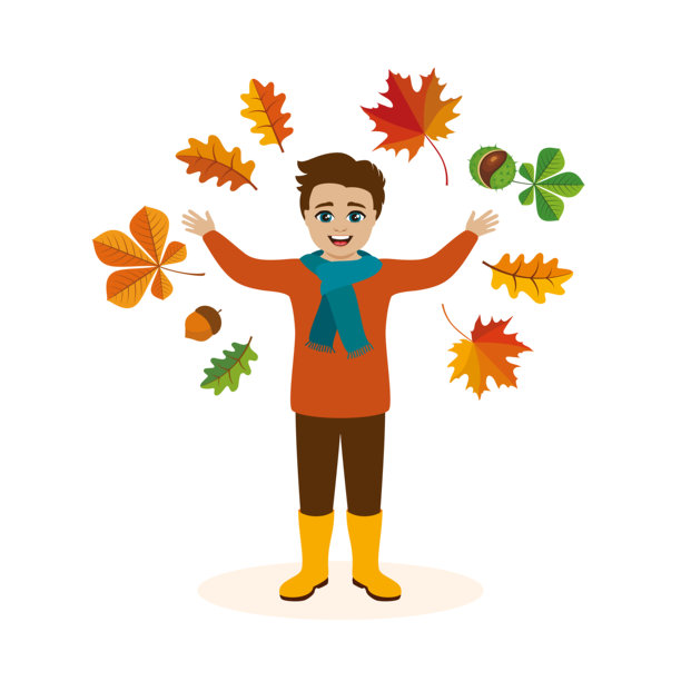 快乐可爱的秋季小男孩与秋叶矢量插画图片下载