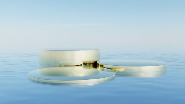 3D插画，极简风格的领奖台，豪华金色几何产品展示台，周围环绕着水，背景为天空，化妆品展示背景图片下载