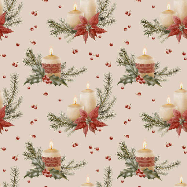圣诞节无缝图案，饰有舒适的蜡烛、酒红色蕾丝、冷杉枝、带有红浆果的冬青以及红色一品红花。手绘插画，用于圣诞装饰、背景、包装纸。图片下载