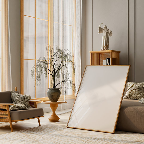 米色客厅，带有藤编纹理和木质色调，在柔和的日光下展示墙面海报画框样机场景。3D插画。图片下载