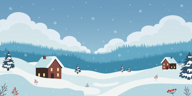 可爱的房屋和雪松的冬季景观，圣诞插画。用于节日设计。图片下载