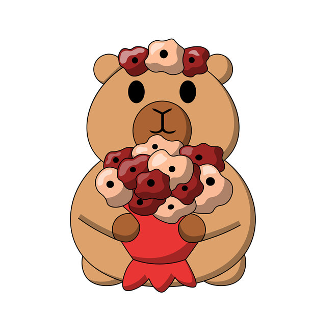 可爱水豚手捧花束，色彩鲜艳图片下载