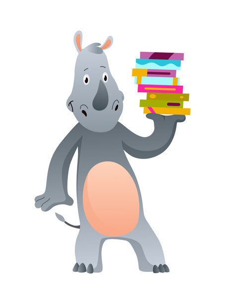 可爱的小犀牛宝宝在读书学习。卡通儿童形象。学校教育和图书馆的卡通符号。儿童矢量插画。图片下载