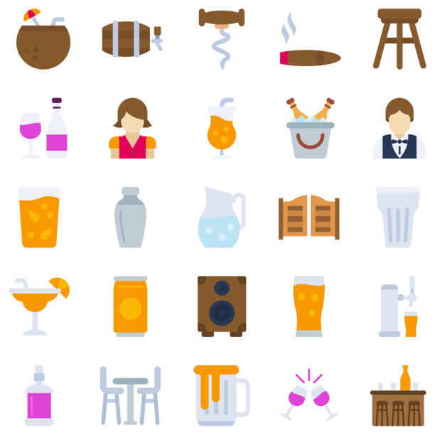 扁平化设计餐厅图标集（带侧影）插画图片下载