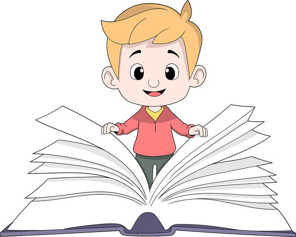 男孩翻阅大部头百科全书的教育矢量插画图片下载