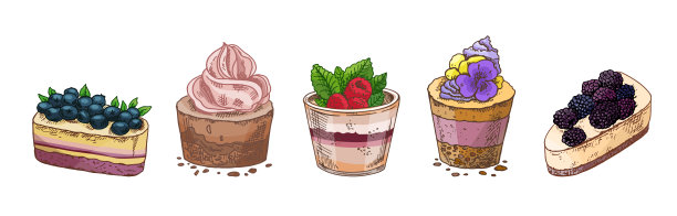 手绘复古甜点套装，包含叠层蛋糕、芝士蛋糕、慕斯杯和浆果甜点，采用柔和色彩插画风格图片下载