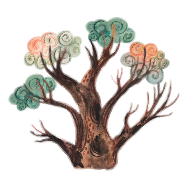 抽象水彩树，叶子呈多彩螺旋状。用于自然、有机和生长概念的艺术植物插画。图片下载