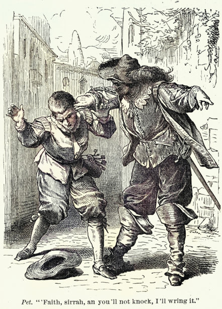 彼得鲁乔拧着格鲁米奥的耳朵，选自莎士比亚喜剧《驯悍记》第一幕第二场，19世纪复古插画。信不信由你，小子，你不敲门，我就敲门。图片下载