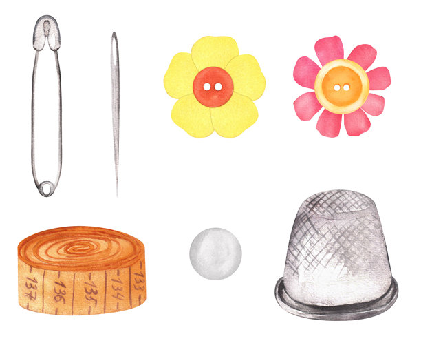 一束缝纫用品，包括纽扣、卷尺、针、顶针、珠子。裁缝工具包。连衣裙制作。手绘水彩插画，适用于缝纫、编织或其他主题设计、剪贴簿。图片下载