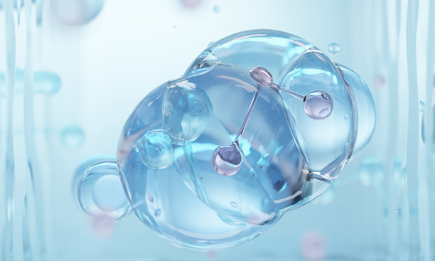 水背景下的液体气泡中的分子。护肤化妆品溶液，3D插画图片下载