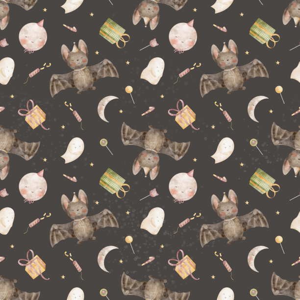 蝙蝠、月亮、鬼魂、新月形棒棒糖图案。手绘水彩插画，儿童万圣节风格。深灰色背景上的无缝印花，适用于纺织品、面料、服装、壁纸、包装。图片下载