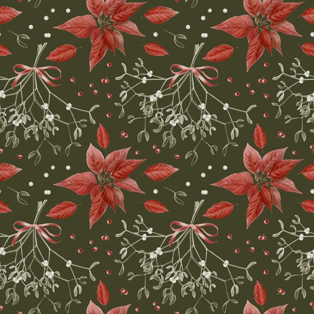 老式圣诞节无缝边框，包含冬青、一品红和槲寄生，象征着节日、奇迹和信仰。水彩插画，孤立在绿色背景上，适用于餐具、卡片、厨房纺织品。图片下载