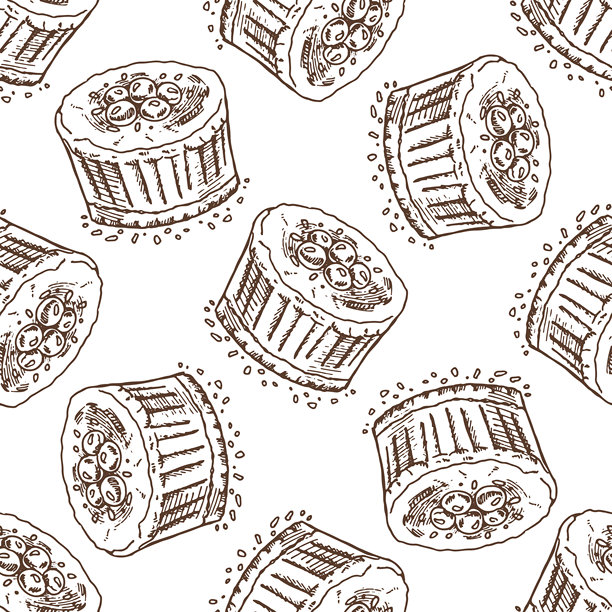 手绘复古无缝图案，包含蓝莓玛芬纸杯蛋糕和面包屑，单色乡村烘焙插画图片下载