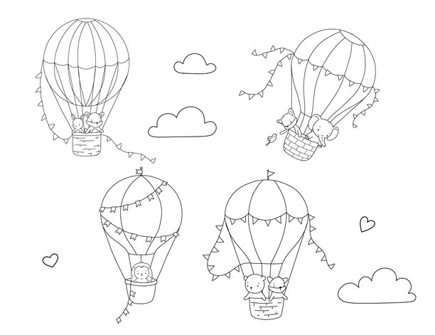 填色书的轮廓插画。可爱的幼年动物热气球。熊、兔子和狐狸的线描，供填色书使用图片下载