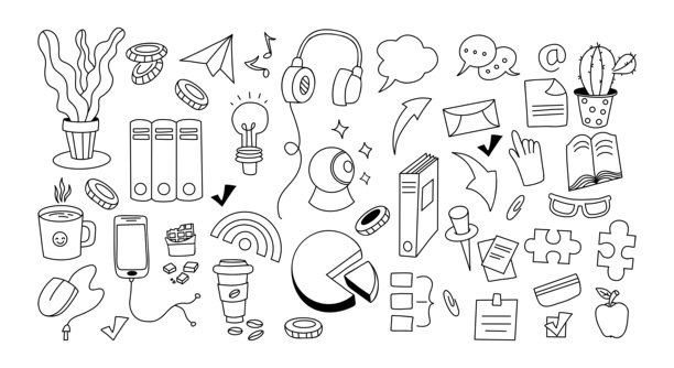 办公与工作涂鸦图标集。孤立的手绘办公用品、技术、通信、工作空间和创意工具。矢量插图。非人工智能图片下载