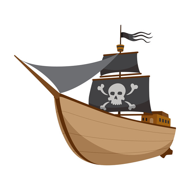 风格化的卡通海盗船插画，配有黑帆。可爱的矢量图标。海盗船在水上航行图片下载